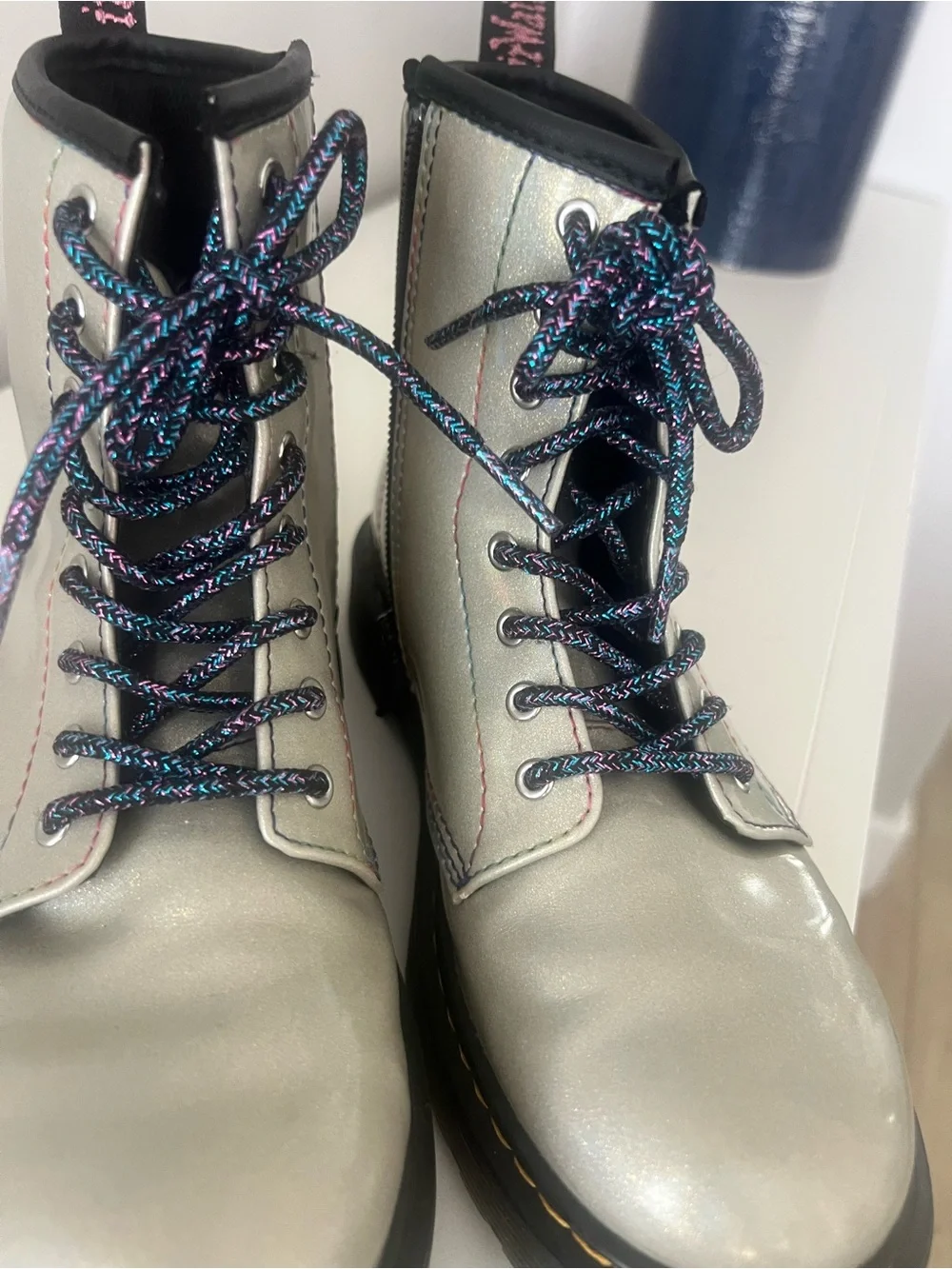 Dr. Martens Kids Silver Holographic Lace-Up Boots